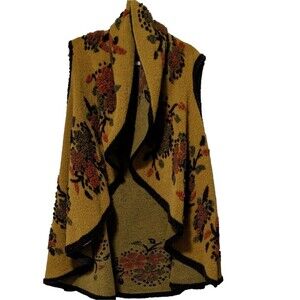 wool blend embroidered floral print sleeveless waterfall open front sweater vest
